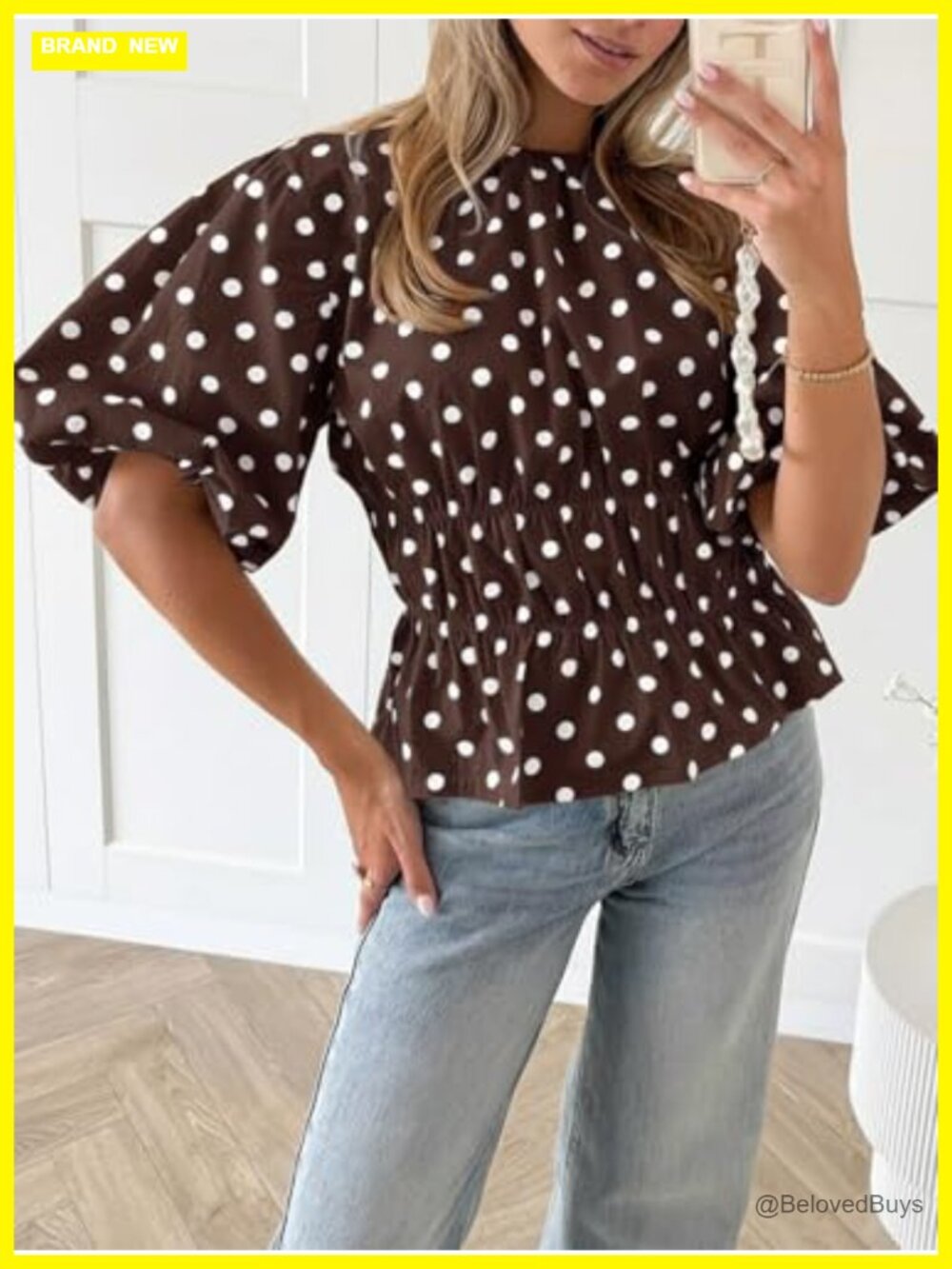 Polka Dots Peplum Top Puff Sleeve Round Neck Blouses Casual Shirts - Picture 3 of 7